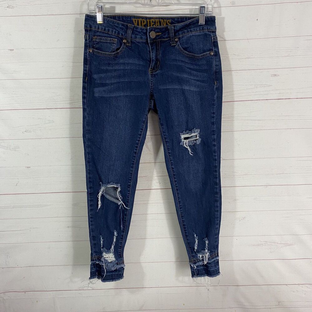 VIP Womens Distressed Cropped Skinny Jeans Size 7/8 Blue Stretch Pockets 28x24